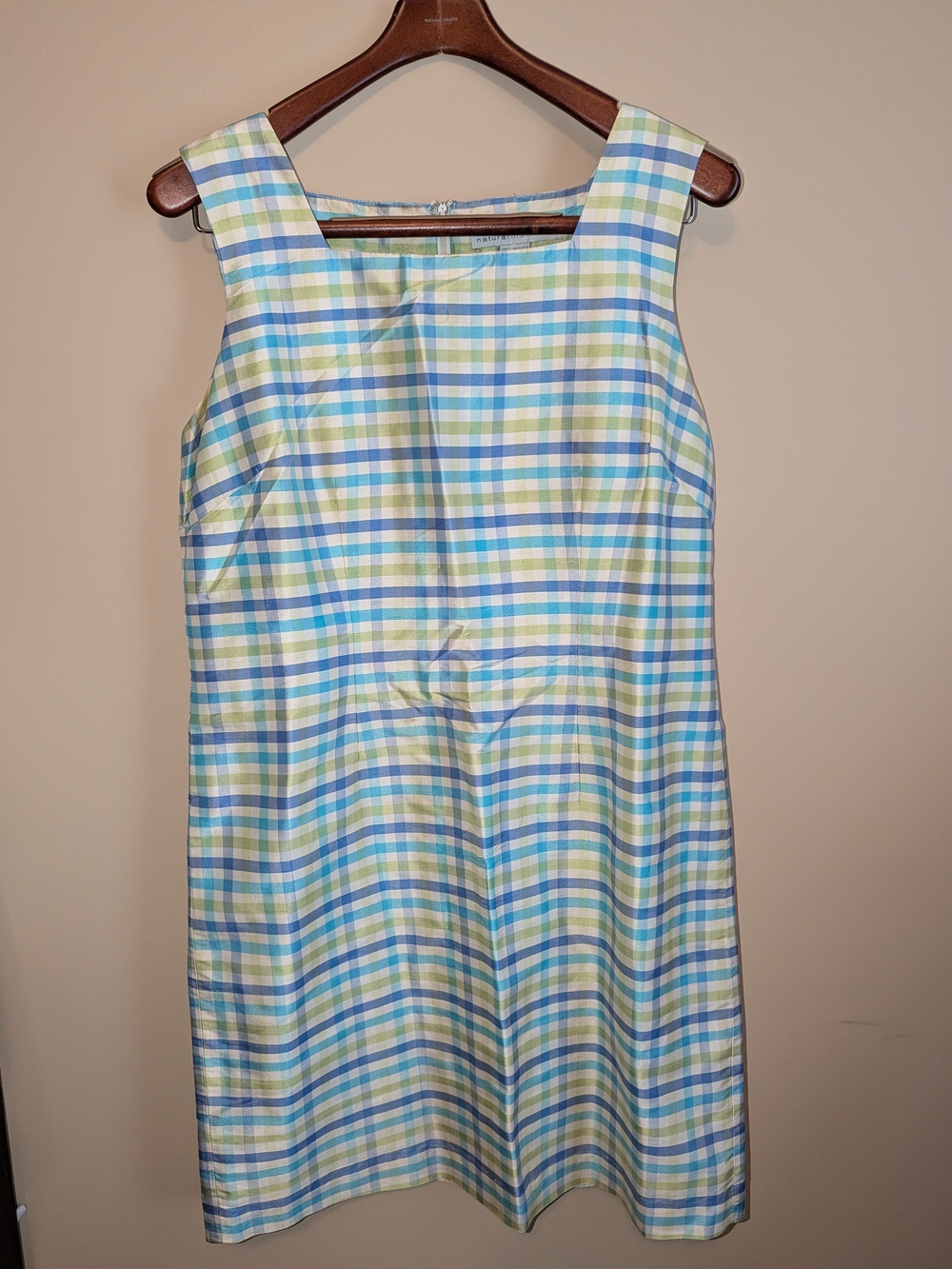 Sleeveless Plaid Shift Dress in Blue & Green